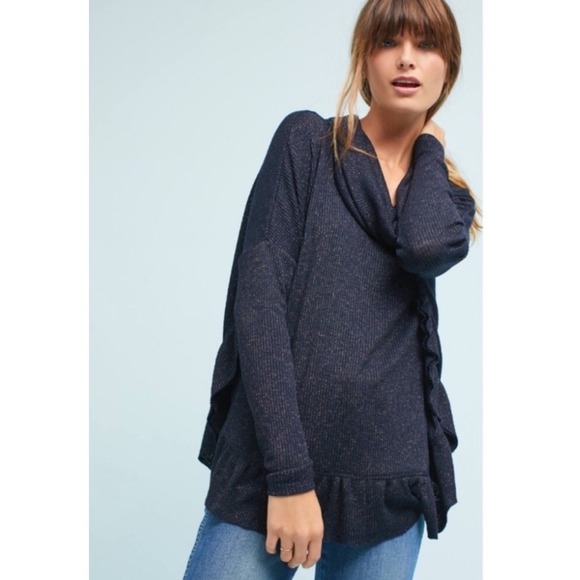 Anthropologie Blue Sparkle Ruffle Trim Cowl Neck Long Metallic Sleeve Top Blouse - Picture 1 of 10
